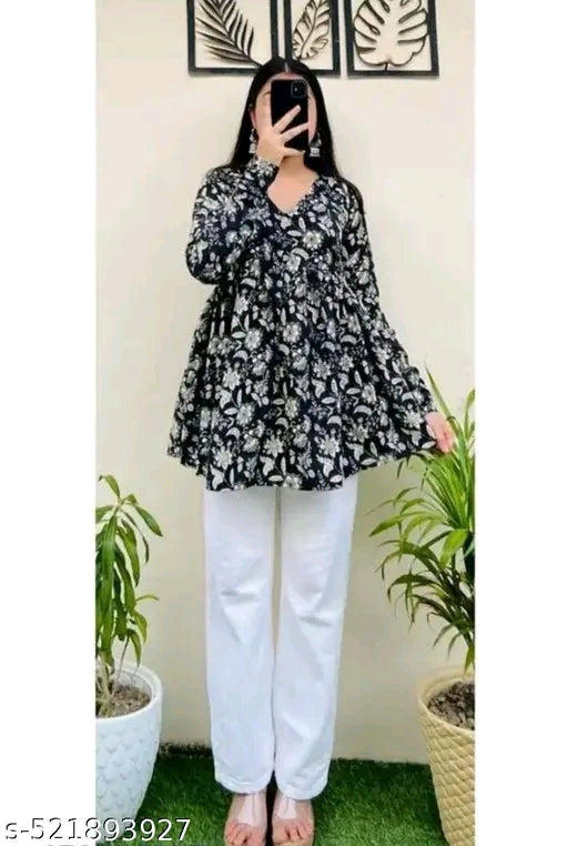 Women Printed Rayon Top (Black & Blue)