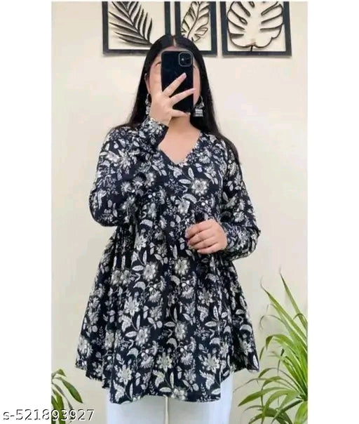 Women Printed Rayon Top (Black & Blue)