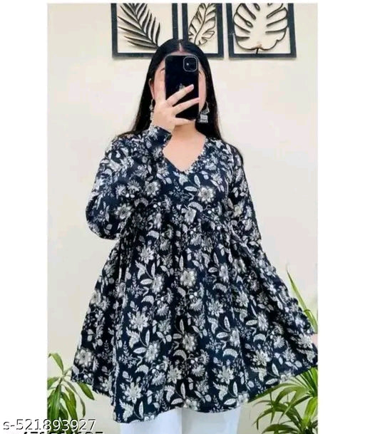 Women Printed Rayon Top (Black & Blue)