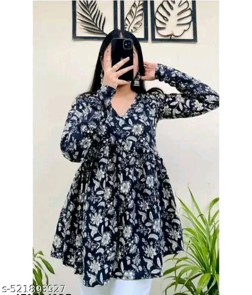 Women Printed Rayon Top (Black & Blue)